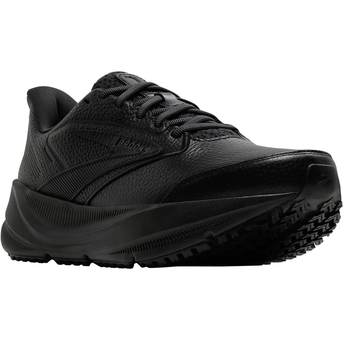 BROOKS Women's Ghost Max SR Wide Black/Black work sneaker, padded heel counter with Brooks logo, rear view.