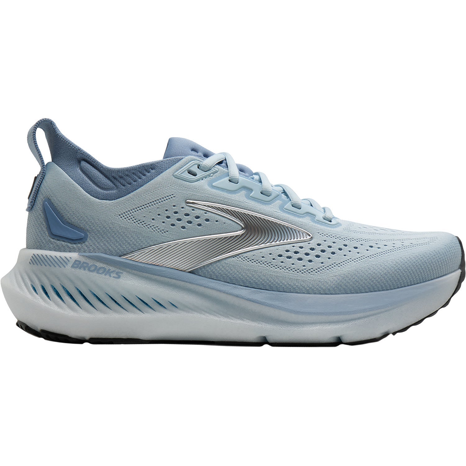 BROOKS Women's Glycerin GTS 23 Blue/Grey running shoe, knit upper and cushioned midsole, angled side view.