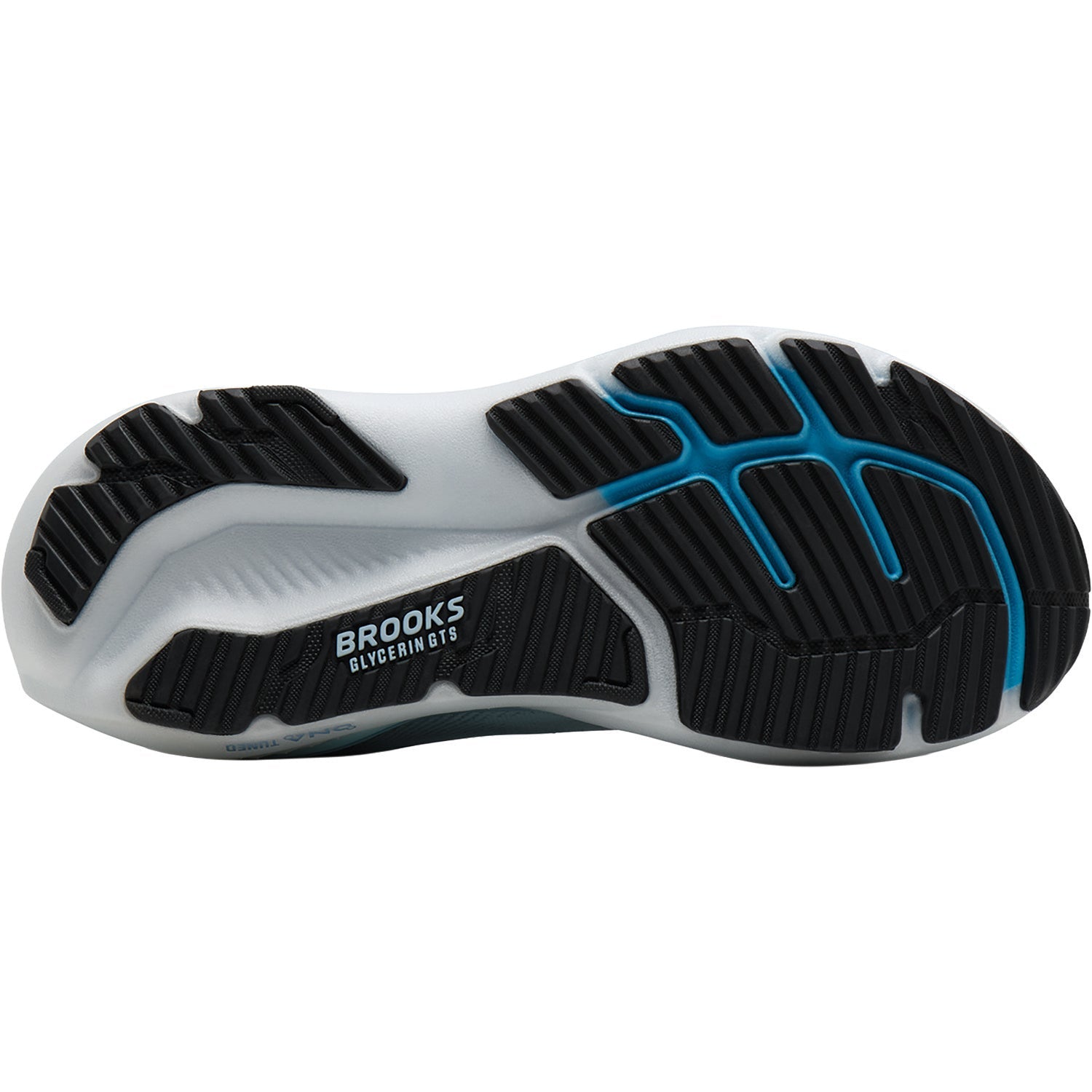 BROOKS Women's Glycerin GTS 23 Blue/Grey shoe, DNA Tuned midsole and outsole tread detail.