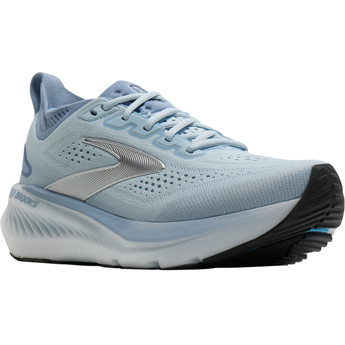 BROOKS Women's Glycerin GTS 23 Blue/Grey running shoe, heel counter and cushioned collar, rear view.
