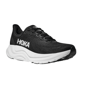 The HOKA Mens Arahi 8 Wide in Black/White is a stability shoe with an H-frame cushioned sole and bold white HOKA logo, displayed at an angle on a plain white background.