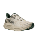 The HOKA Mens Arahi 8 Truffle/Oyster stability shoe features a cushioned sole, mesh upper, and H-frame™ technology, with the HOKA logo on the side, displayed at an angle on a white background.