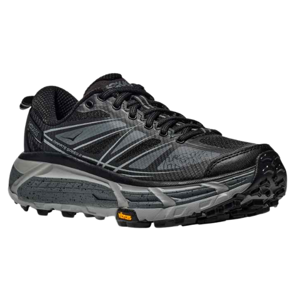 Black and gray trail running shoe on a white background