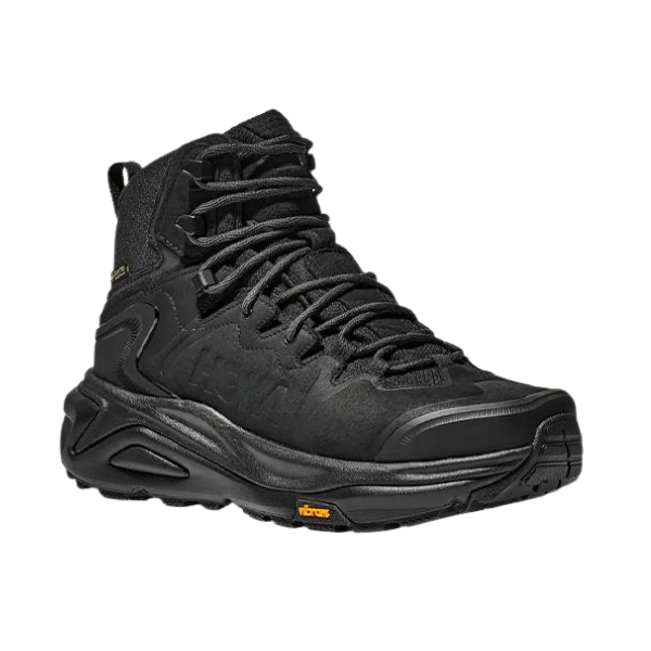 Black hiking shoe "HOKA" on a white background