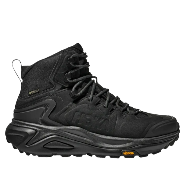 Black hiking boot with brand logo on a white background