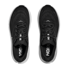 A pair of HOKA Womens Arahi 8 Wide running shoes in black/white, viewed from above. The HOKA logo appears on the insoles and tongues, showcasing their wide fit and signature support and comfort.
