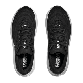 A pair of HOKA Womens Arahi 8 Wide running shoes in black/white, viewed from above. The HOKA logo appears on the insoles and tongues, showcasing their wide fit and signature support and comfort.