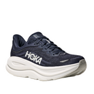 The HOKA Mens Bondi 9 Wide Navy/White running shoe features plush cushioning, a thick white sole, mesh upper, and a white HOKA logo on the side, shown angled against a white background.