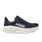 The HOKA Mens Bondi 9 Wide Navy/White is a navy running shoe with a white logo, plush cushioning, a thick white Durabrasion rubber sole, and a breathable mesh upper.