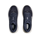 A pair of HOKA Mens Bondi 9 Wide running shoes in navy and white with plush cushioning and white soles, shown from above on a white background.