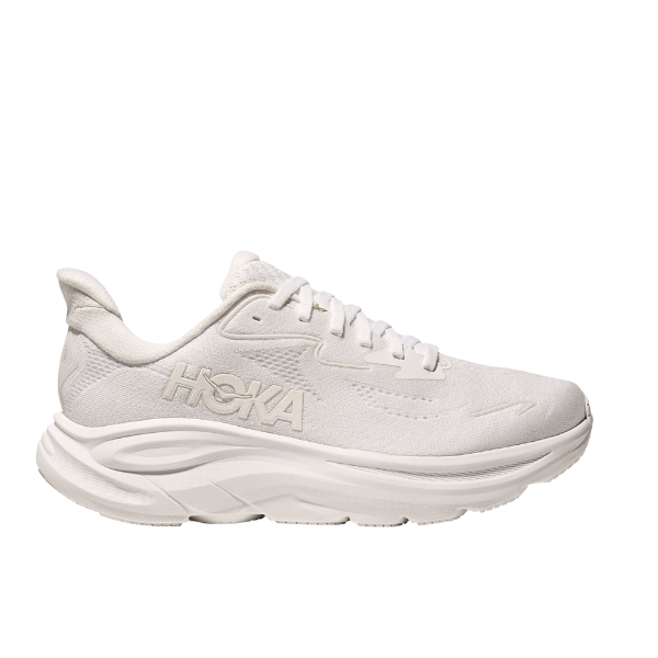 The HOKA Mens Clifton 10 White running shoe features a thick cushioned sole for plantar fasciitis relief, a mesh upper, lace-up closure, and HOKA branding, shown in a left side profile on a plain white background.