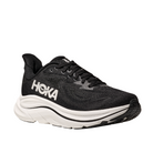 The HOKA Mens Clifton 10 Wide Black/White running shoe features a cushioned design, bold side logo, and white sole—ideal for those who love comfort and style. Displayed on a plain white background.