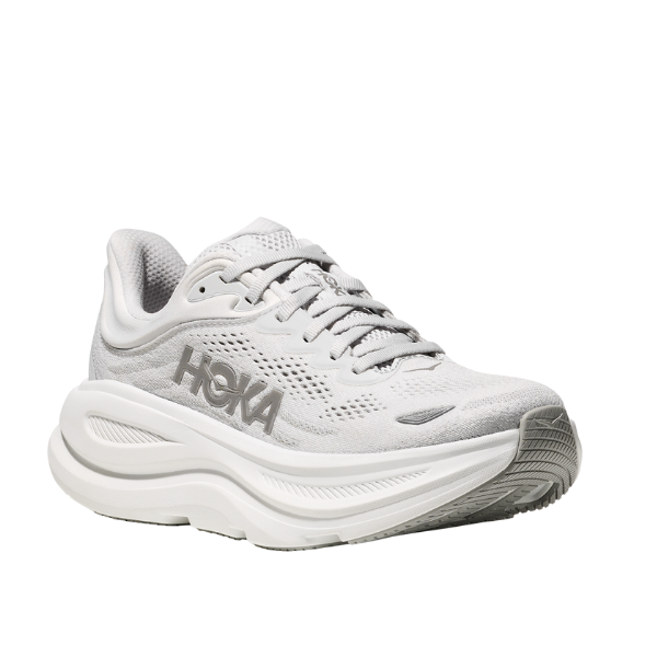 The HOKA Womens Bondi 9 Wide Grey running shoe features a thick, cushioned sole for plantar fasciitis support and a breathable mesh upper with the HOKA logo, shown angled on a white background.