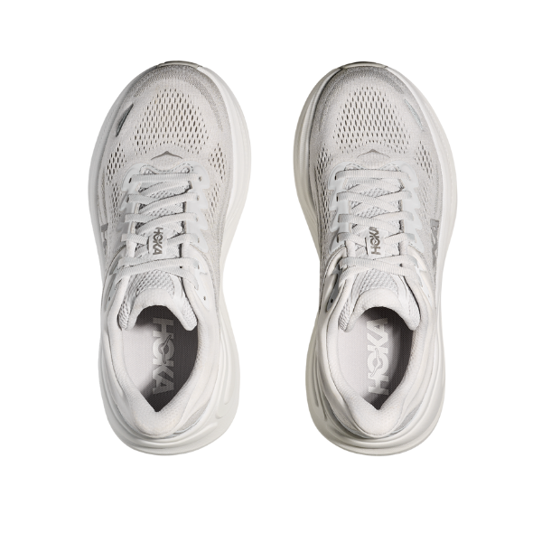 A pair of HOKA Womens Bondi 9 Wide Grey running shoes is shown from above, highlighting the mesh uppers, laces, and brand logo on each tongue—designed to support those with plantar fasciitis.