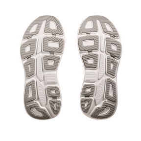 A pair of HOKA Womens Bondi 9 Wide Grey running shoe soles, mostly white with gray textured treads, are shown side by side on a white background. Designed for comfort and relief from plantar fasciitis.