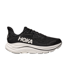 The HOKA Womens Clifton 10 Wide in Black/White features a cushioned sole and prominent white HOKA logo—ideal for runners seeking comfort and style.