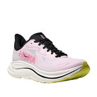 The HOKA Womens Clifton 10 Wide Pink features a pink and white design with black laces, a black collar, and a yellow-tinted sole. The visible HOKA logo highlights this cushioned running shoe, made for comfort and style.