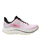 The HOKA Womens Clifton 10 Wide Pink running shoe features a light pink upper, black laces and heel, a thick white sole with yellow accents—ideal for those who prefer cushioned running styles.