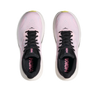 A pair of HOKA Womens Clifton 10 Wide Pink running shoes with black laces and white soles, viewed from above. “HOKA” appears in pink on the black insoles, highlighting this popular cushioned style.