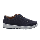 The Josef Seibel Mens David 03 Indigo sneaker features dark blue suede and leather, navy laces, metal eyelets, tan lining, and a light gray rubber sole—shown in side view on a white background.