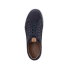 Top view of the Josef Seibel Mens David 03 Indigo sneaker in dark blue leather with a brown tongue patch and branded insole—crafted by Josef Seibel for all-day mens comfort and foot pain relief.
