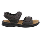 The Josef Seibel Mens Rafe Brown sandal features two adjustable straps, visible stitching, an open toe, and a cushioned sole for comfort, shown in a side view against a white background.
