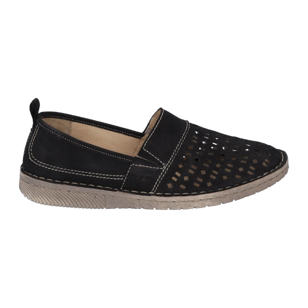 The Josef Seibel Womens Sofie 27 Black is a black leather slip-on espadrille by Josef Seibel, featuring cutout patterns for ventilation, white stitching, a beige sole, and designed for comfort that may help relieve foot pain.