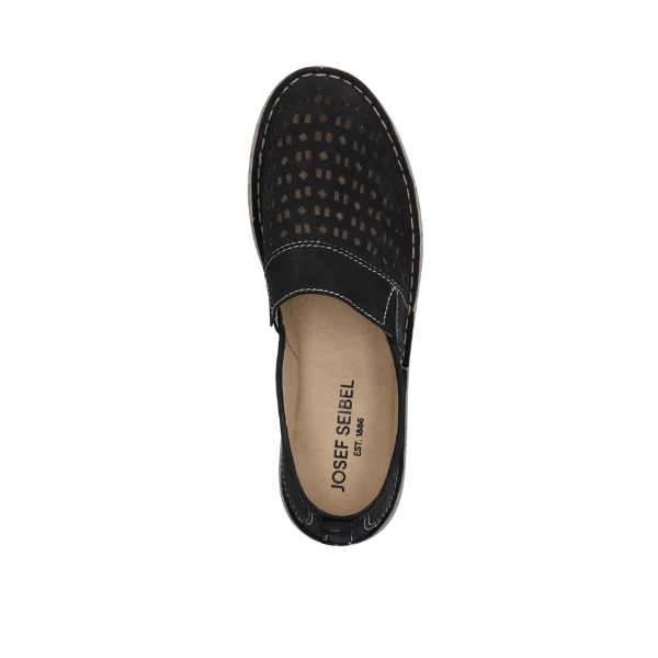Top view of the Josef Seibel Womens Sofie 27 Black leather espadrille slip-on with perforated details, white stitching, and a beige insole labeled Josef Seibel. Designed for comfort lovers, shown against a plain white background.