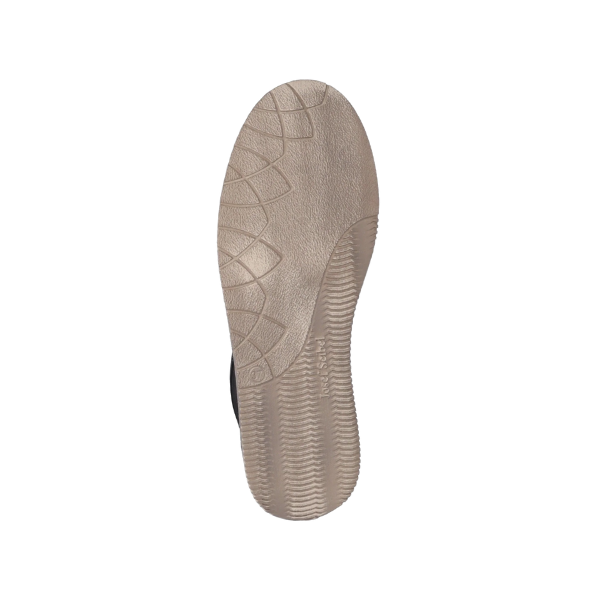 The image displays the beige outsole of the Josef Seibel Womens Sofie 27 Black by Josef Seibel, featuring textured curved lines and diamond shapes for traction—engineered for comfort footwear and foot pain relief—on a white background.
