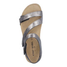 The Josef Seibel Womens Tonga Anthrazite sandal features a metallic gray finish, crisscross adjustable straps, open toe, beige footbed, and a secure hook-and-loop ankle strap. Top-down view highlights its stylish design.