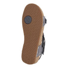 The image displays the bottom view of the Josef Seibel Womens Tonga Anthrazite sandal, featuring a light brown textured rubber sole with a circular logo by the heel and black and gray adjustable straps visible from the side.