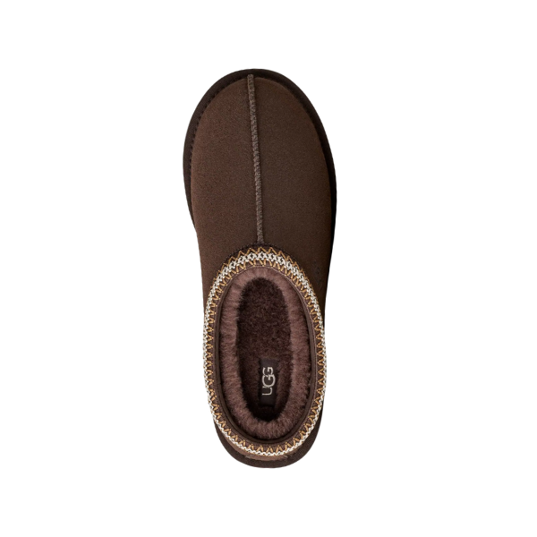 Top view of the UGG Men's Tasman II Cocoa slipper by UGG, showcasing its brown suede upper, soft sheepskin lining, and decorative trim around the opening, all set against a white background.