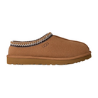 The UGG Men's Tasman II Chestnut slipper features a brown suede upper, white and black trim, and plush sheepskin lining.