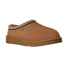 The UGG Men's Tasman II Chestnut is a tan suede slip-on with a thick brown sole, top-edge stitching, embossed UGG logo, and cozy sheepskin lining for warmth and casual style.