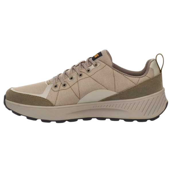 The TEVA Men's Ellwood Taupe Desert sneaker, made with recycled materials, features beige and olive green hues, a textured sole, lace-up closure, and heel pull tab. Shown in side profile on a white background.
