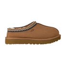 The UGG Women's Tasman II Chestnut slipper features a thick sole, cozy sheepskin lining, closed-toe design, decorative stitching, and the UGG logo on the side.