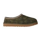 A side view of the UGG Men's Tasman Baxter Burnt Olive by UGG, featuring an olive green suede upper, brown rubber sole, and patterned trim around the opening.
