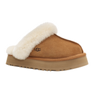 The UGG Women's Disquette Chestnut slipper features a thick platform sole and plush white fleece lining, shown in a side view.