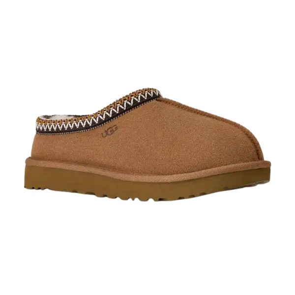 The UGG Women's Tasman II Chestnut slipper features a cozy, plush sheepskin texture, thick brown sole, and decorative stitching—ideal for ultimate comfort.