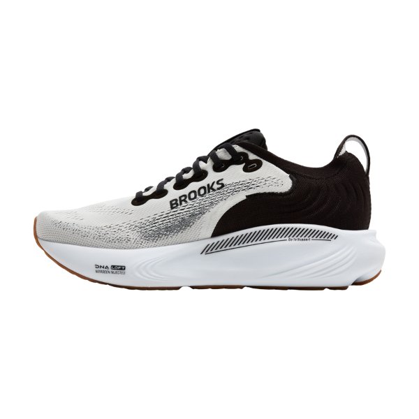 The Brooks Men's Adrenaline GTS 25 Wide in White/Black features “BROOKS” branding, a cushioned white sole, and a breathable mesh upper—perfect for men seeking plantar fasciitis support. Shown on a white background.