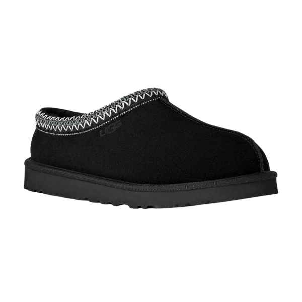 The UGG Men's Tasman II Black slipper features a suede upper, thick sole, decorative white stitching around the opening, and a subtle embossed UGG logo on the side.