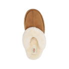 A single UGG Women's Disquette Chestnut platform slipper is shown from above with tan suede, plush white fur lining, and the UGG logo on the insole, all on a white background.