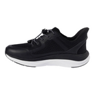 The KIZIK Mens London Black Wide sneaker features a mesh upper, synthetic overlays, white sole, advanced cushioning technology, and quick-lace system for comfort. Shown in side profile on a white background.