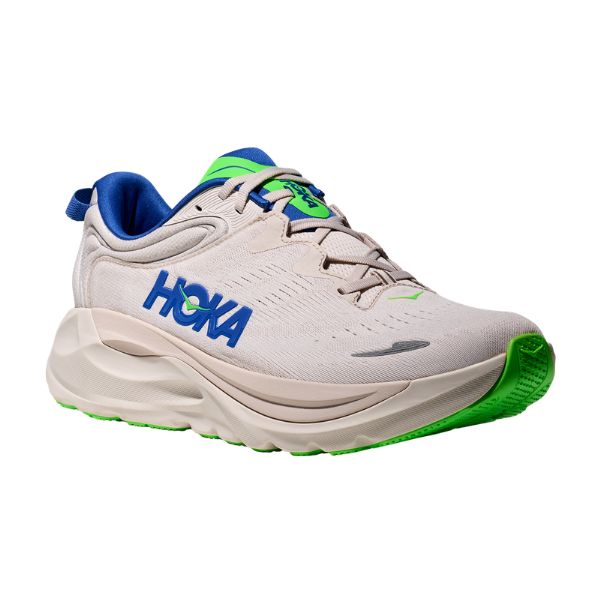 Hoka running shoe with blue and green accents on a white background