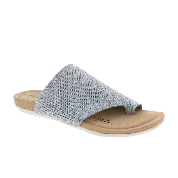 The BIZA FOOTWEAR Biza Womens Lavish Grey Multi sandal features a light gray stretch knit upper that covers the top of the foot and separates the big toe, with a tan cushioned sole and white shock-absorbing outsole, displayed on a white background.