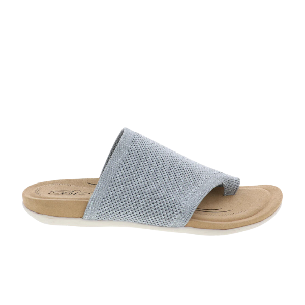 The Biza Womens Lavish Grey Multi by BIZA FOOTWEAR is a stretch knit sandal in grey multi, featuring an open toe, tan memory foam footbed, and white shock absorbing outsole, shown from the side on a white background.