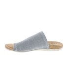 The BIZA FOOTWEAR Biza Womens Lavish Grey Multi is a gray stretch knit slip-on sandal with an open toe, cushioned beige memory foam footbed, and white sole, shown in a side view on a white background.