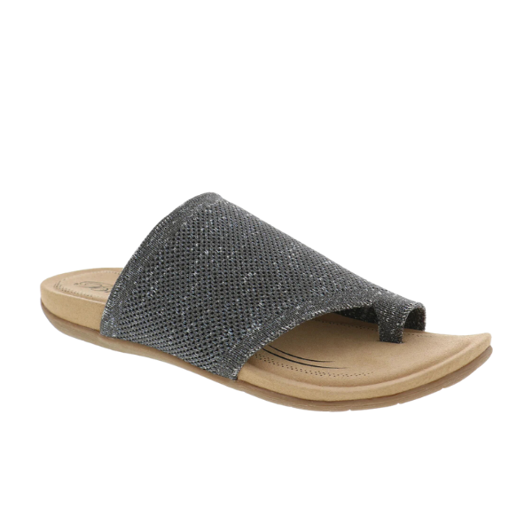 The Biza Womens Lavish Mocha Multi by BIZA FOOTWEAR is a stylish stretch knit slide sandal with a tan sole, sparkly textured dark gray upper, open toe, and toe loop—ideal for travel.