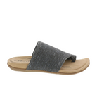 The BIZA FOOTWEAR Biza Womens Lavish Mocha Multi is a slip-on stretch knit sandal with a beige cushioned sole and a Wide, textured black strap, featuring an open toe—perfect for comfort on the go.