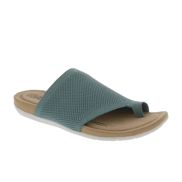 The Biza Womens Lavish Sage sandal by BIZA FOOTWEAR features a teal mesh stretch upper, open toe, tan comfort footbed, and white sole, shown against a white background.